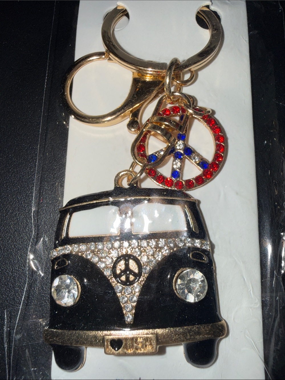 Gold-Tone Black VW Bus Keychain with Red & Blue Peace Charm